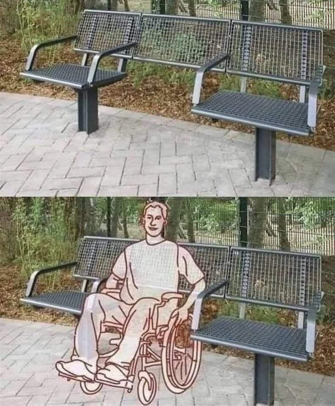The meme is a play on words, featuring a picture of a wheelchair-accessible bench with a sign that reads "Accessible" but is actually just a regular bench with a wheelchair symbol on it. The sign is often used to indicate that a building or facility is accessible to people with disabilities, but in this case, it's being used ironically to describe a regular bench that doesn't actually offer any special accessibility features. The joke is that the sign is being used in a way that's opposite of its intended meaning.